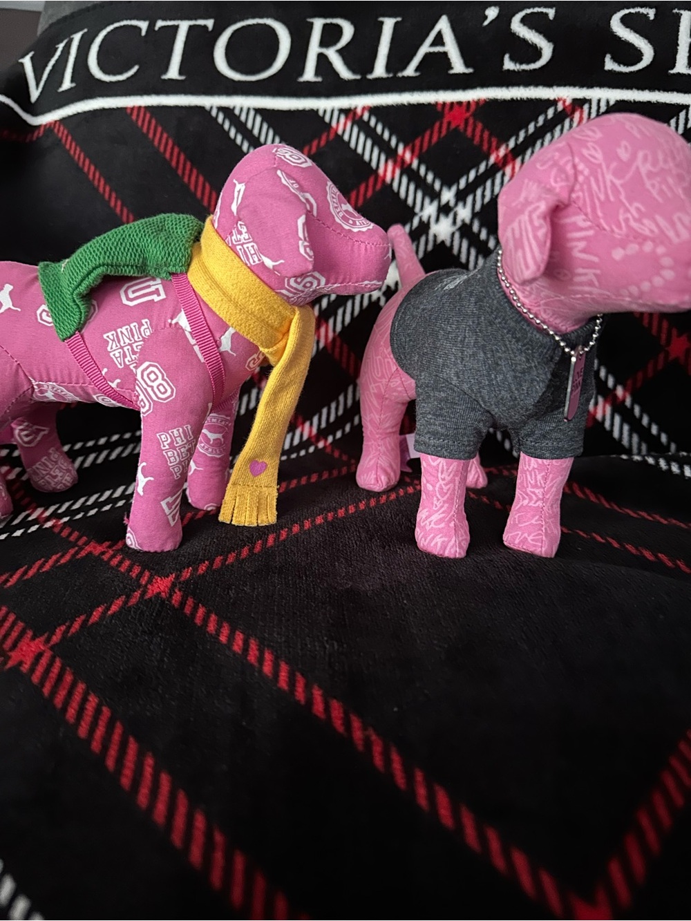Victoria's Secret Pink Patterned Plush Dog Pair with Accessories